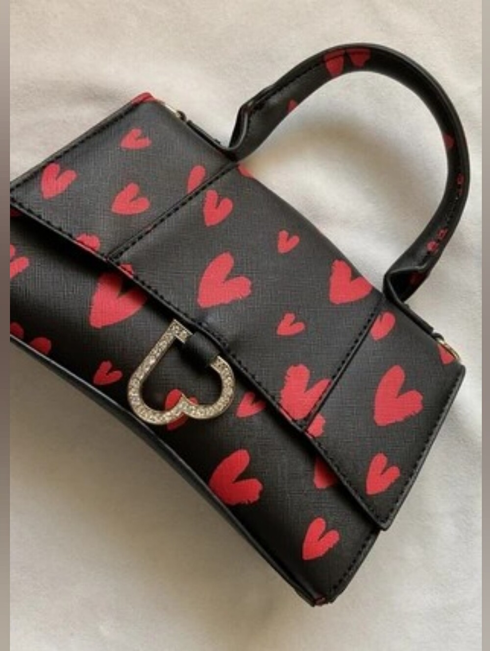 Like Dreams Black & Red Heart-Print Top-Handle Cross Body Bag Rhinestone Heart